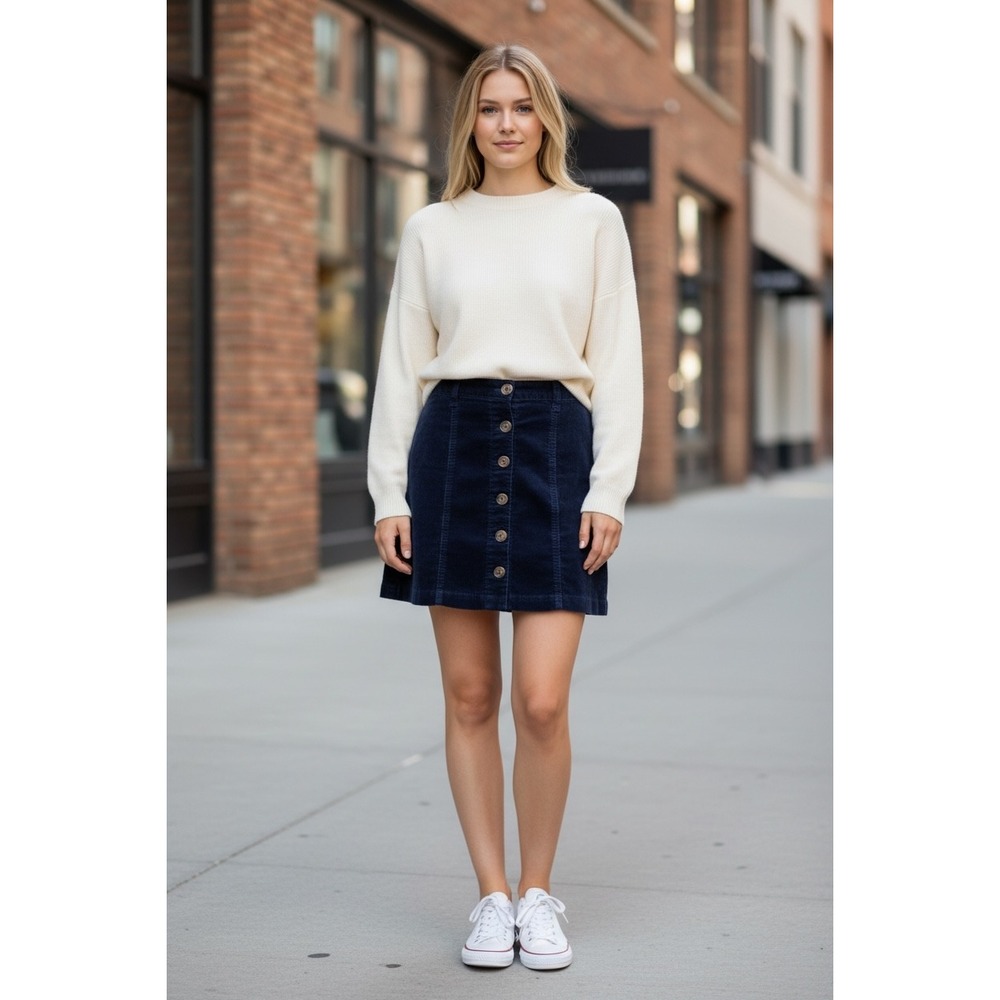 Forever 21 Women's Navy Blue‎ Corduroy Button Front A-Line Mini Skirt